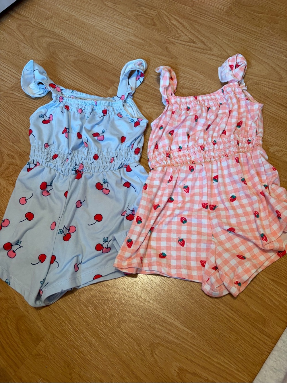 btween Blue Cherry & Pink Strawberry Gingham Sleeveless Pajama Rompers